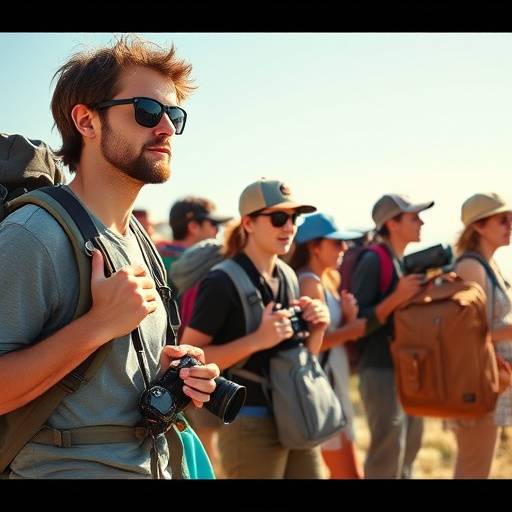 A diverse group of travelers with backpacks and cameras, representing group travel arrangements